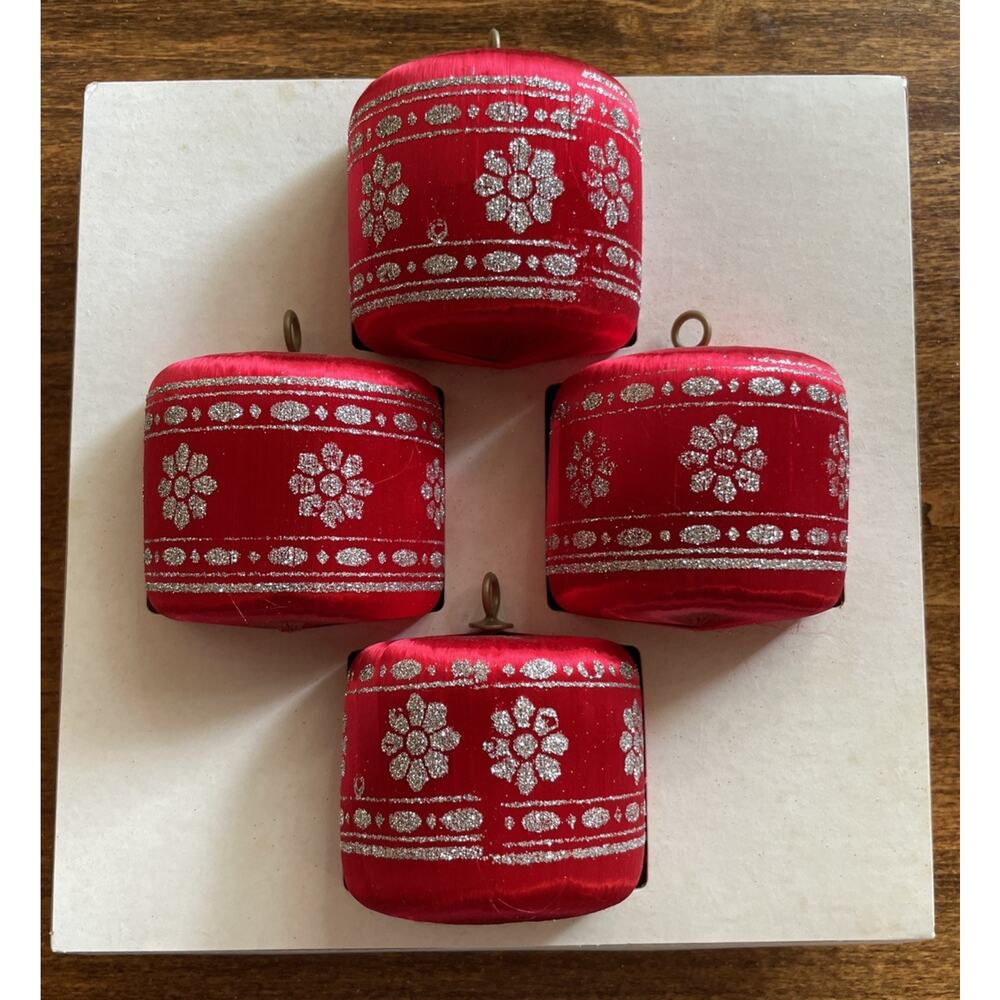 Vintage Pyramid Set of 4 Red Satin Silk Drum Silver Glitter Hanging Ornaments
